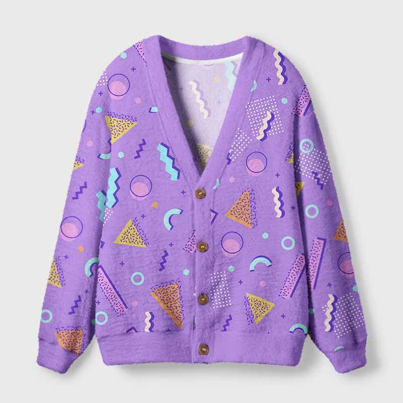 Soulisfree Playful Neon Geometry Fuzzy Cardigan Sweater