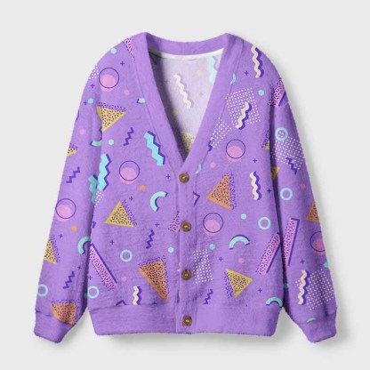 Soulisfree Playful Neon Geometry Fuzzy Cardigan Sweater 