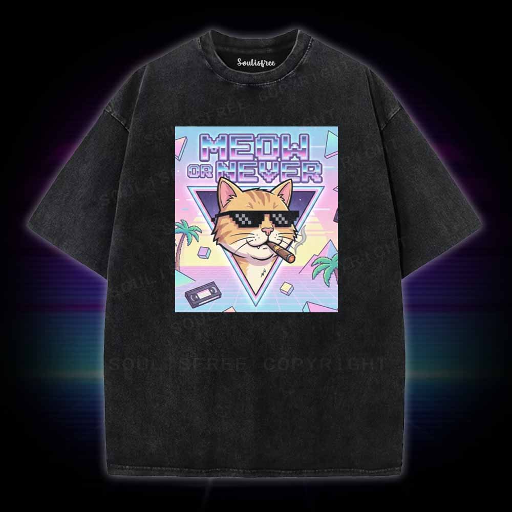 Soulisfree Meow Or Never Vaporwave Cat Washed Tee