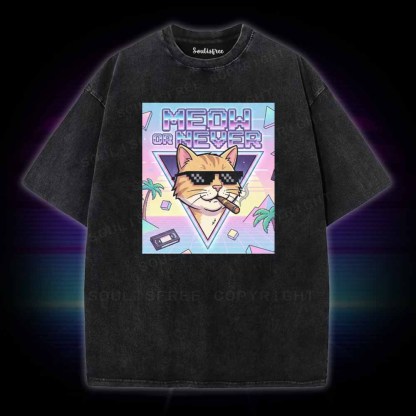Soulisfree Meow Or Never Vaporwave Cat Washed Tee