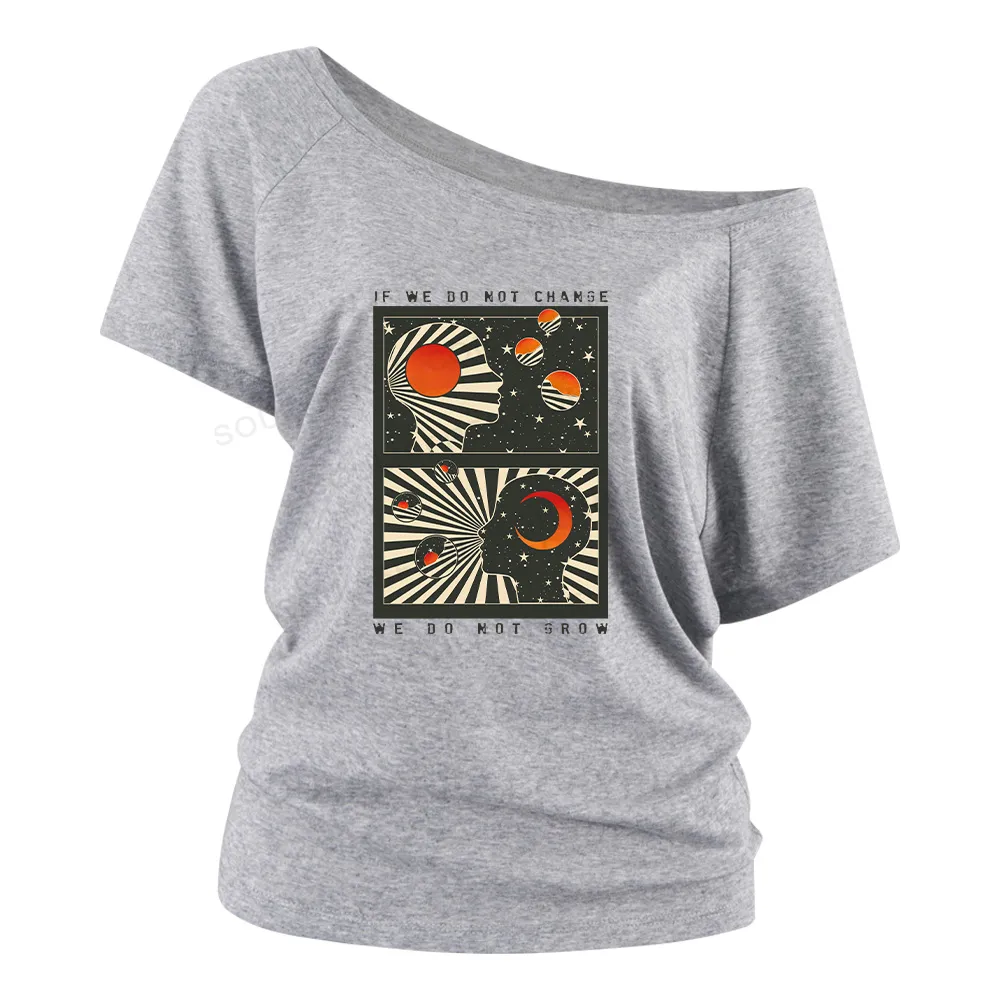 Self Growth Washed Space T-shirt Off Shoulder Top