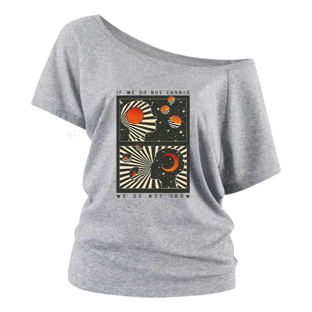 Self Growth Washed Space T-shirt Off Shoulder Top