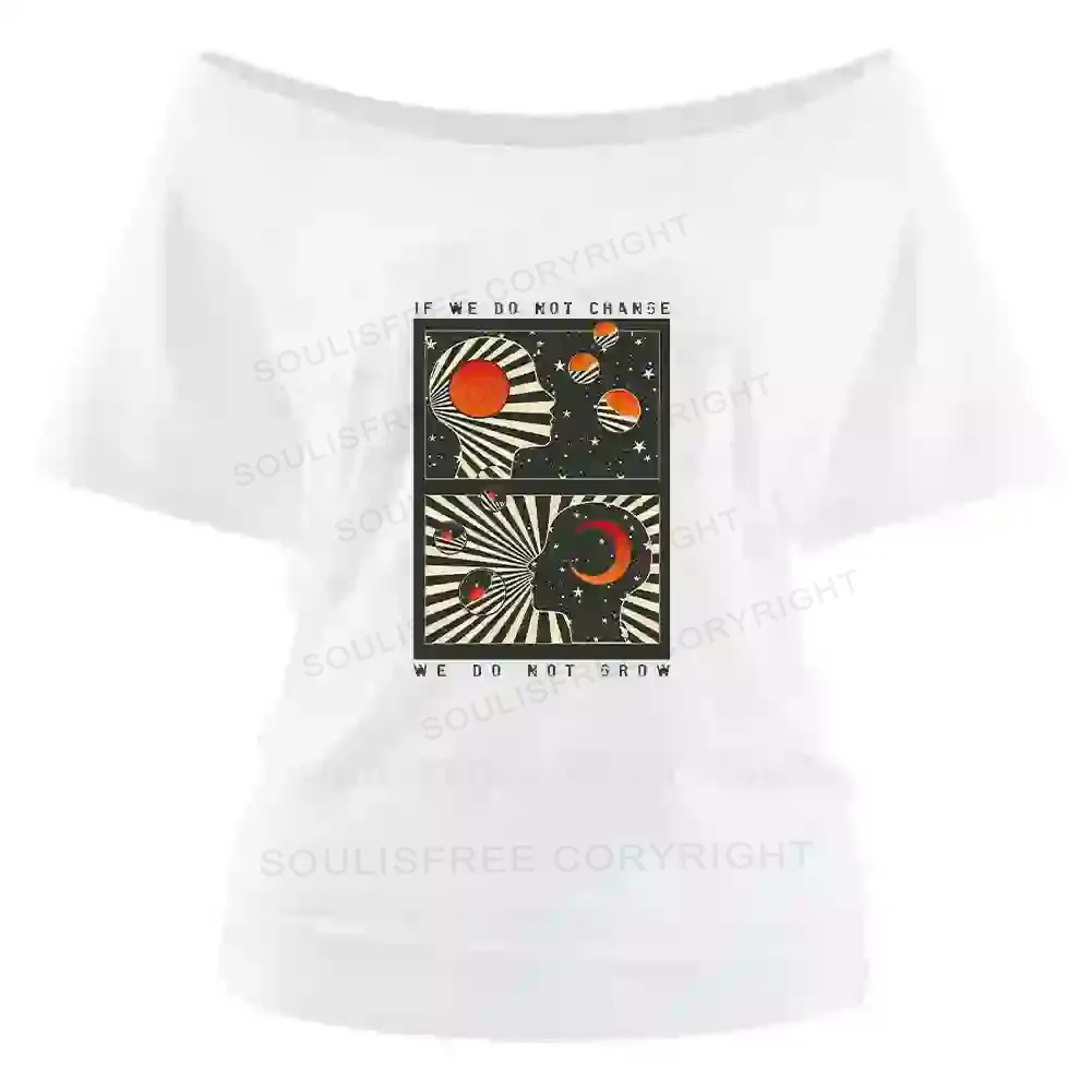 Self Growth Washed Space T-shirt Off Shoulder Top