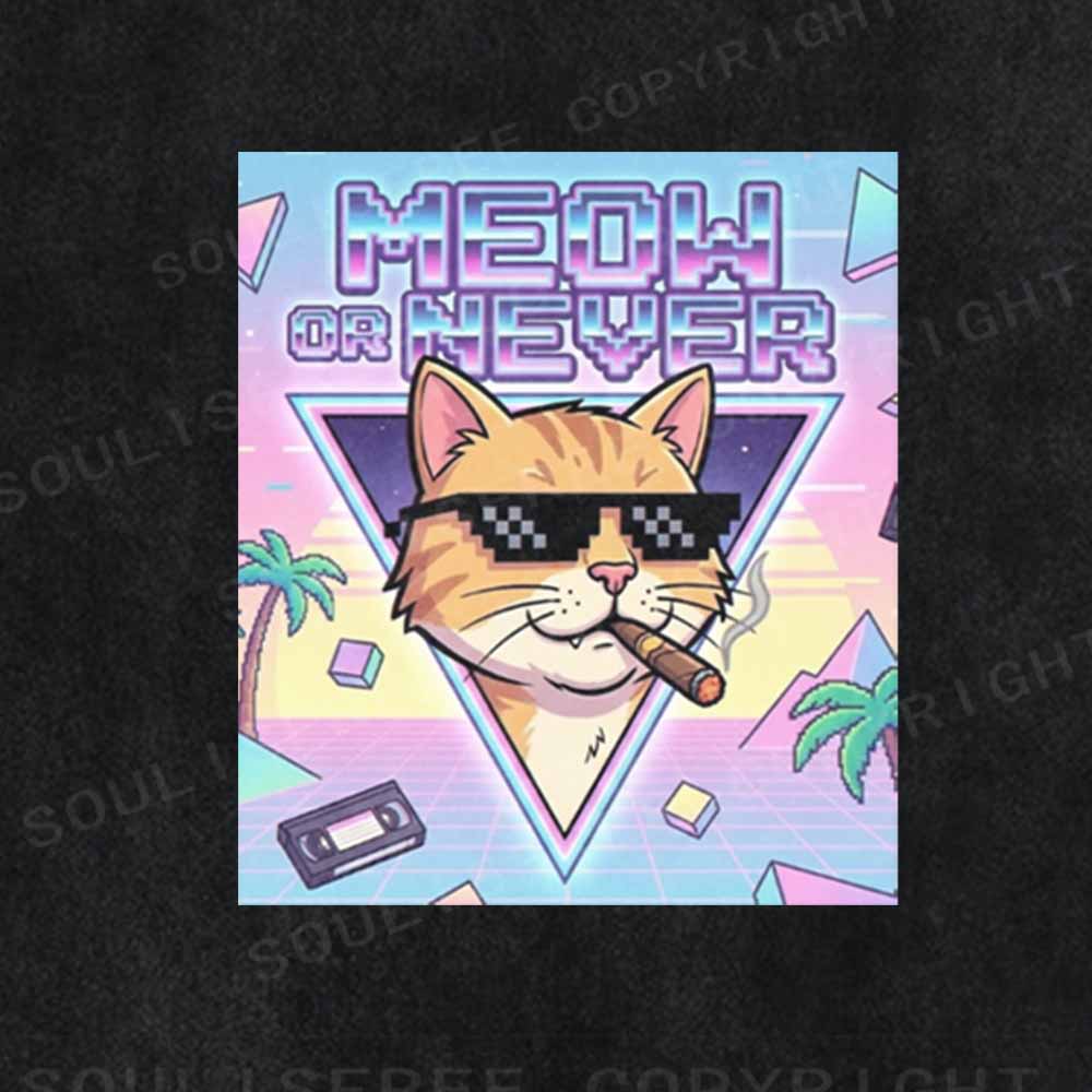 Soulisfree Meow Or Never Vaporwave Cat Washed Tee