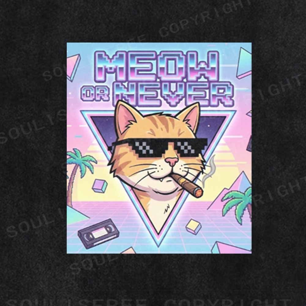 Soulisfree Meow Or Never Vaporwave Cat Washed Tee