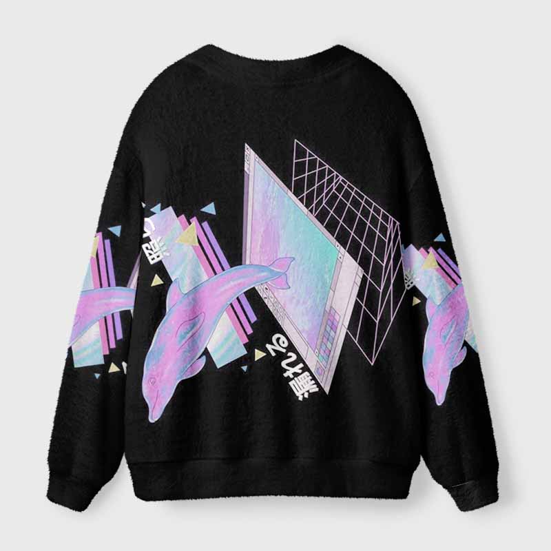 Soulisfree Cyber Dolphin Fuzzy Cardigan Sweater 