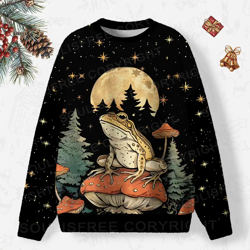 Frog on Mushroom Moonlit Night Ugly Christmas Knit Sweatshirt