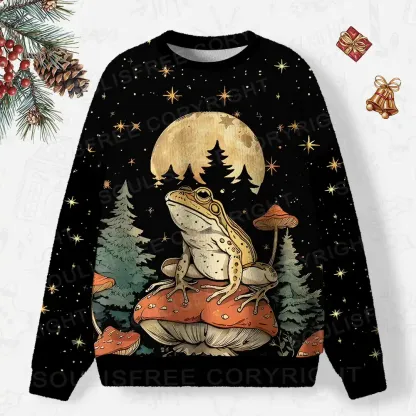 Frog on Mushroom Moonlit Night Ugly Christmas Knit Sweatshirt