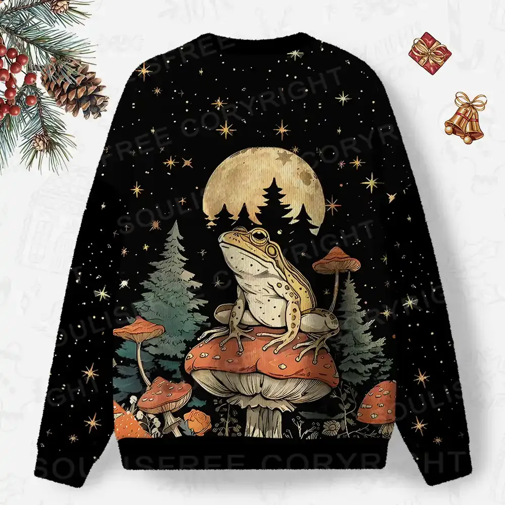 Frog on Mushroom Moonlit Night Ugly Christmas Knit Sweatshirt