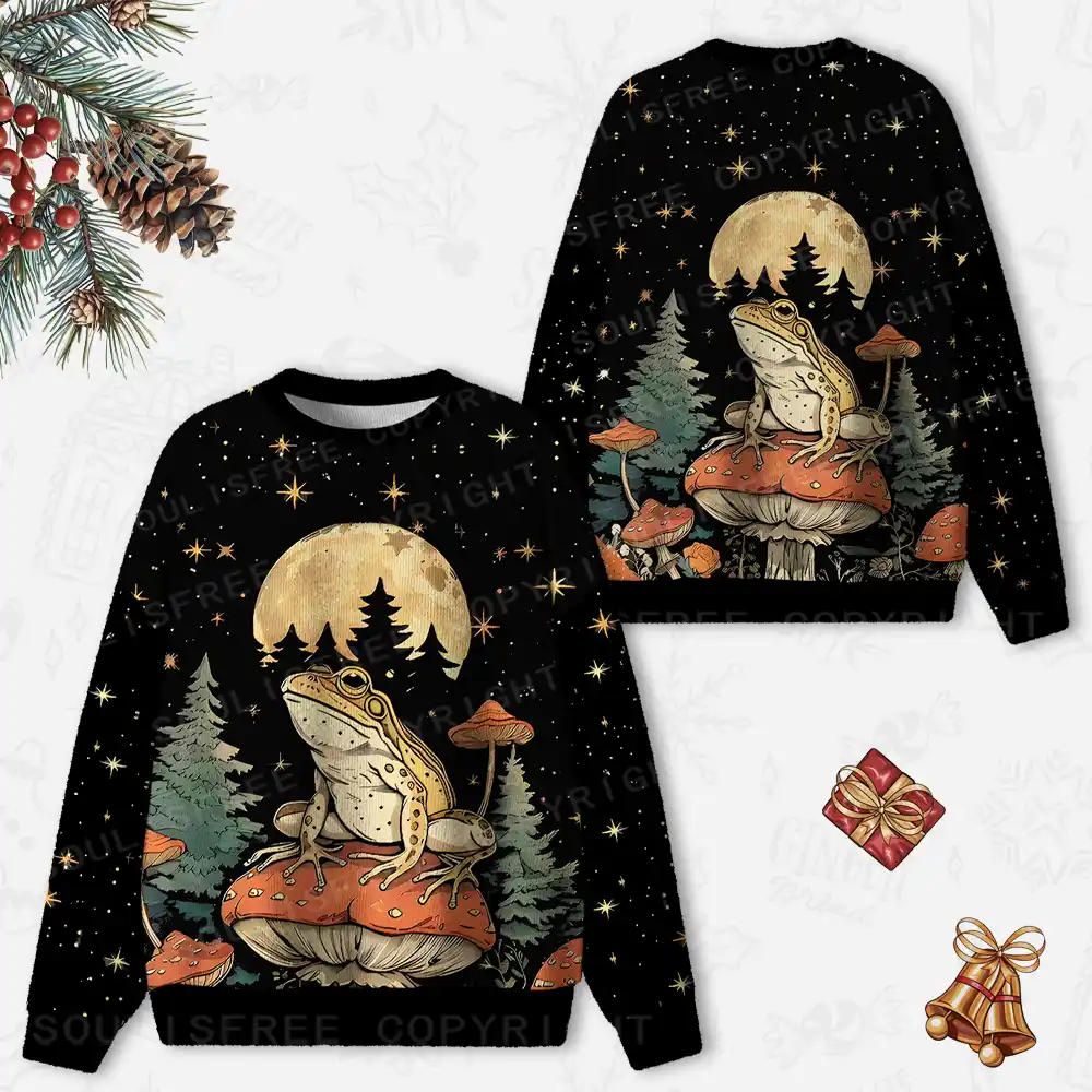 Frog on Mushroom Moonlit Night Ugly Christmas Knit Sweatshirt