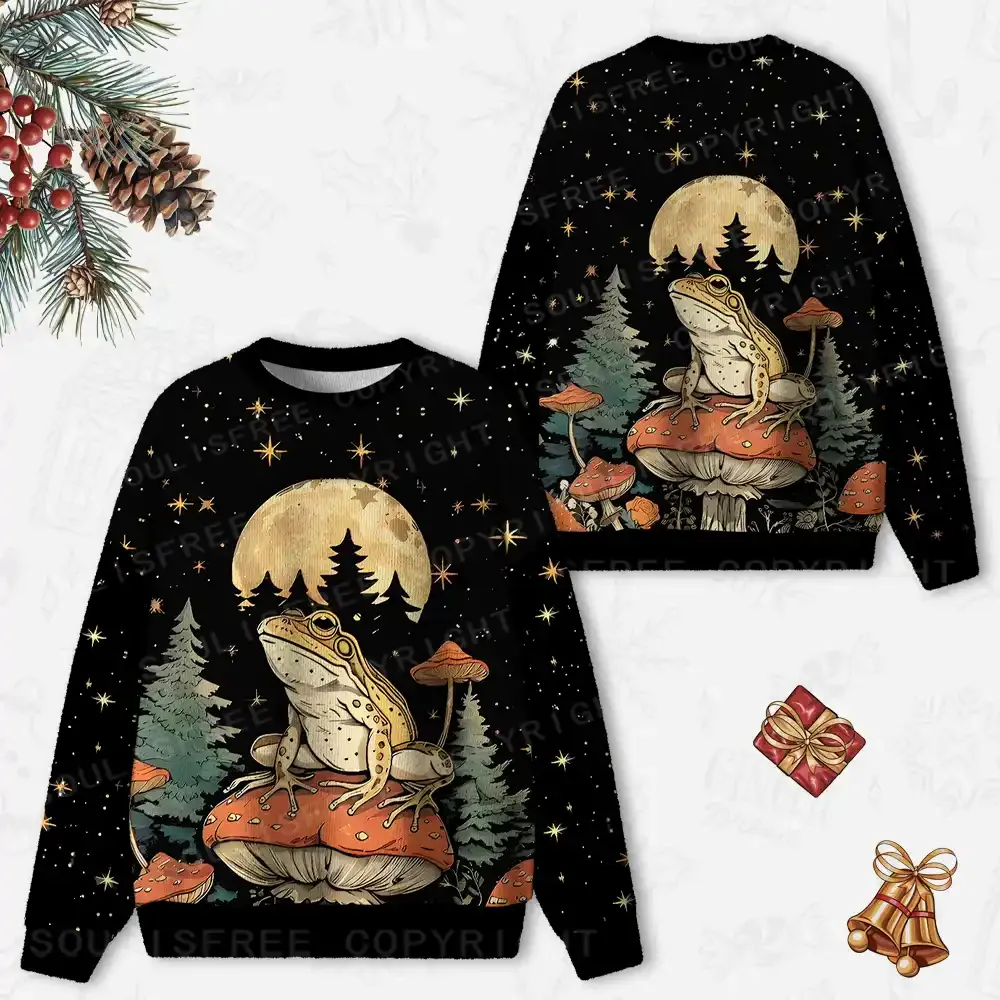 Frog on Mushroom Moonlit Night Ugly Christmas Knit Sweatshirt