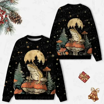 Frog on Mushroom Moonlit Night Ugly Christmas Knit Sweatshirt