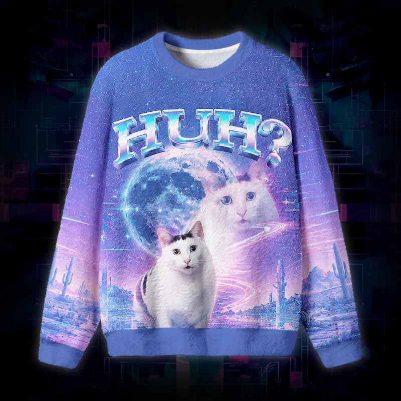 Soulisfree HUH Funny Cat Meme Fuzzy Crewneck Sweater