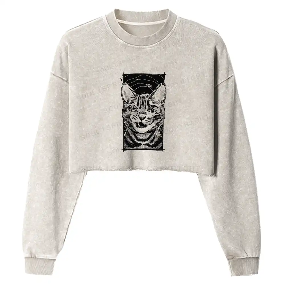 Hypnotic Cat Washed Cropped Sweatshirt