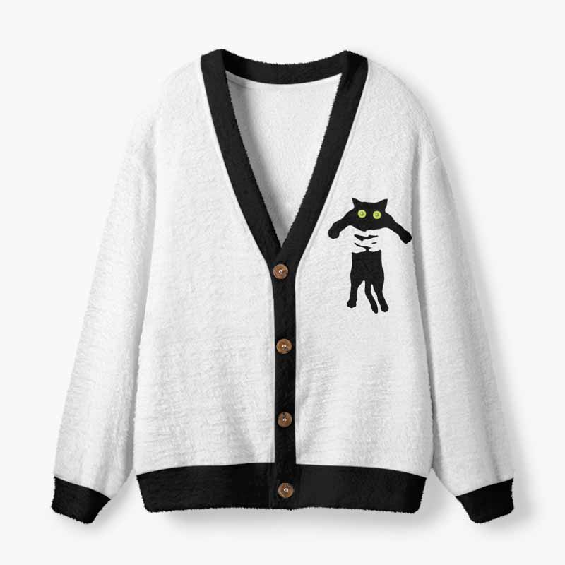 Soulisfree  The Black Cat Being Picked Up Fuzzy Cardigan Sweater