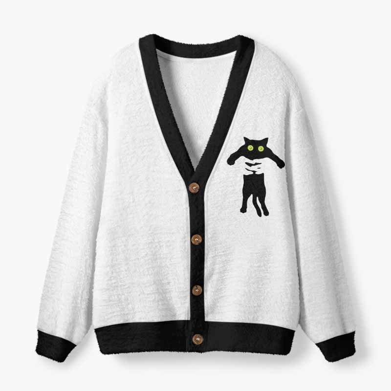 Soulisfree The Black Cat Being Picked Up Fuzzy Cardigan Sweater
