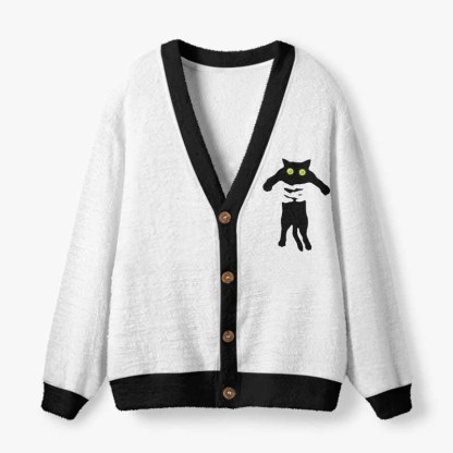 Soulisfree  The Black Cat Being Picked Up Fuzzy Cardigan Sweater