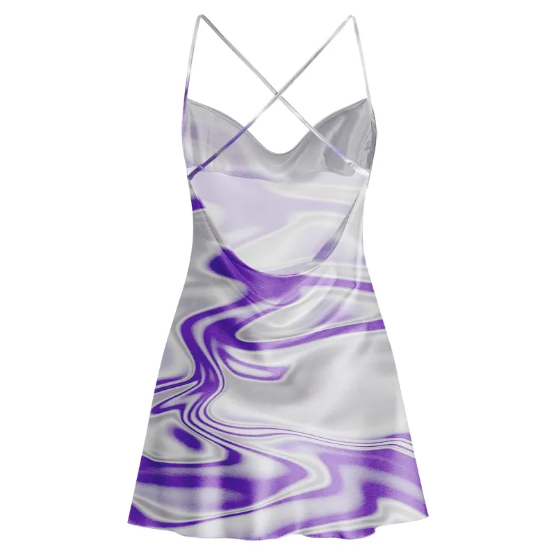 Soulisfree Lavender Liquid Swirl Cowl Neck Satin Mini Dress