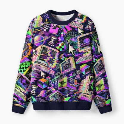 Soulisfree Retro Digital Chaos Fuzzy Crewneck Sweater