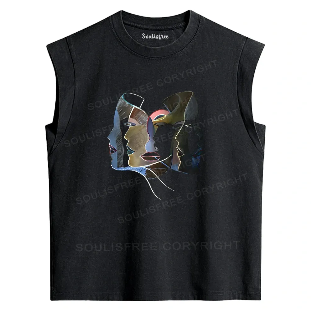 Designed Layers of Masks Washed Tank Tops
