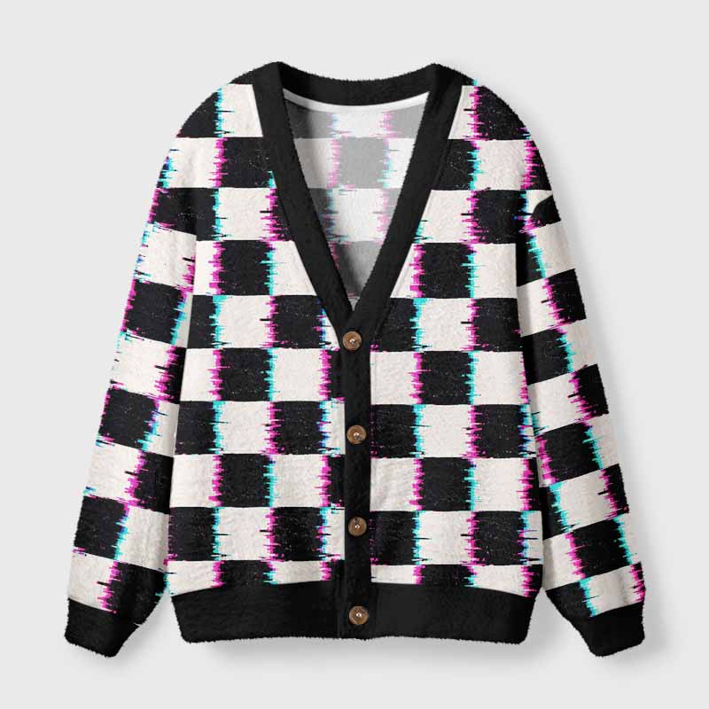 Soulisfree Glitch Checkerboard Fuzzy Cardigan Sweater 
