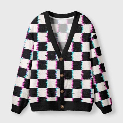 Soulisfree Glitch Checkerboard Fuzzy Cardigan Sweater 