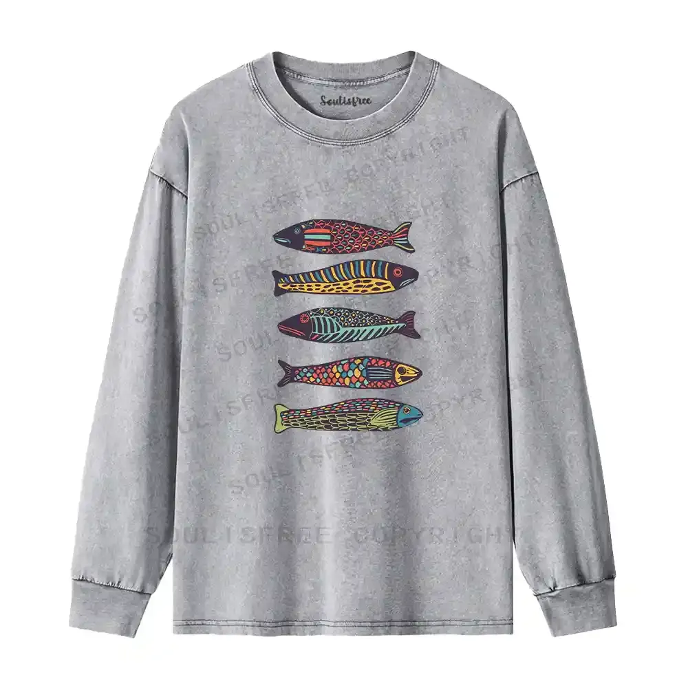 Colourful Schools Of Fish Washed Long Sleeve Shirt