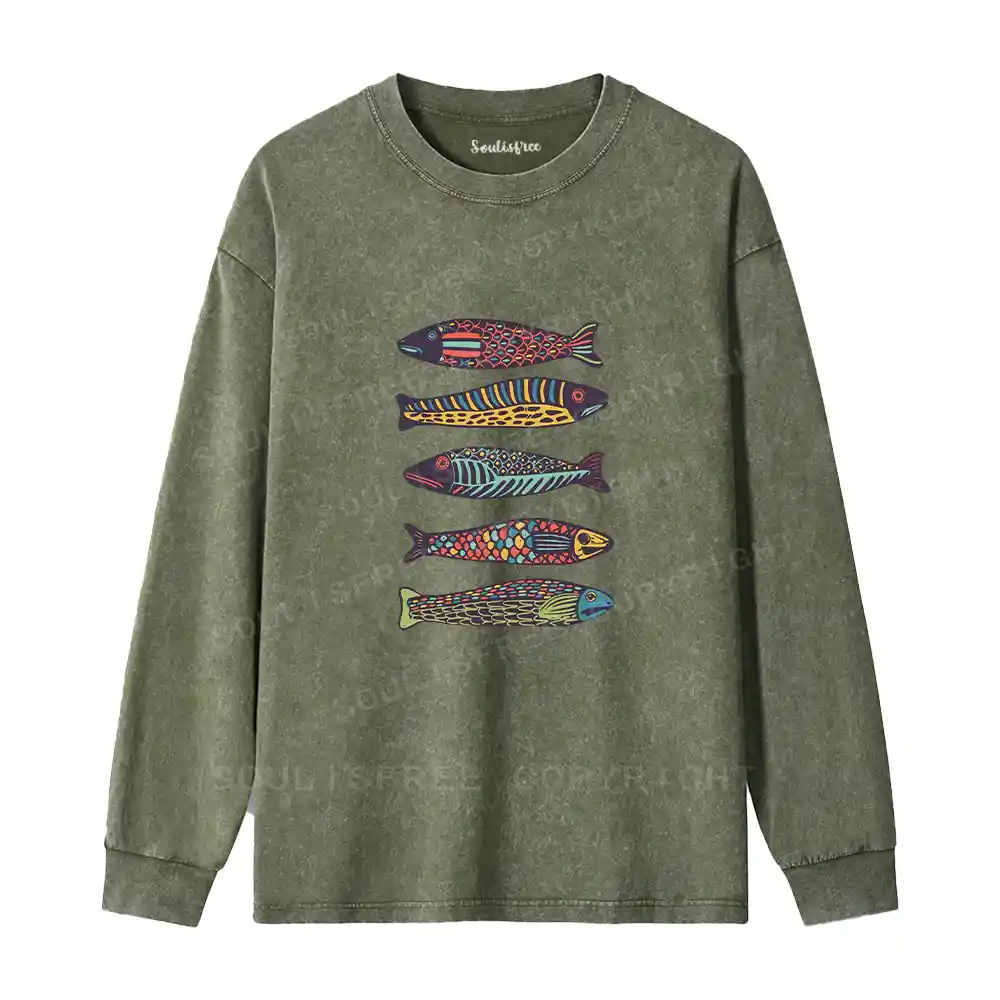Colourful Schools Of Fish Washed Long Sleeve Shirt