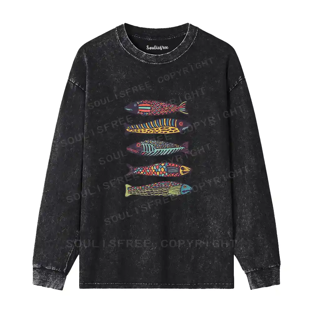 Colourful Schools Of Fish Washed Long Sleeve Shirt