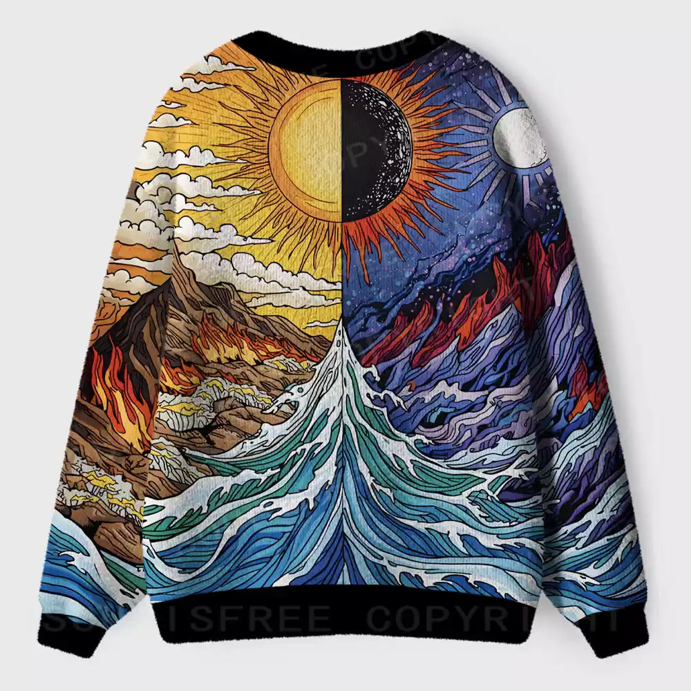 Sun & Moon Duality Waves Ugly Cardigan Sweaters 