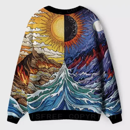Sun & Moon Duality Waves Ugly Cardigan Sweaters 