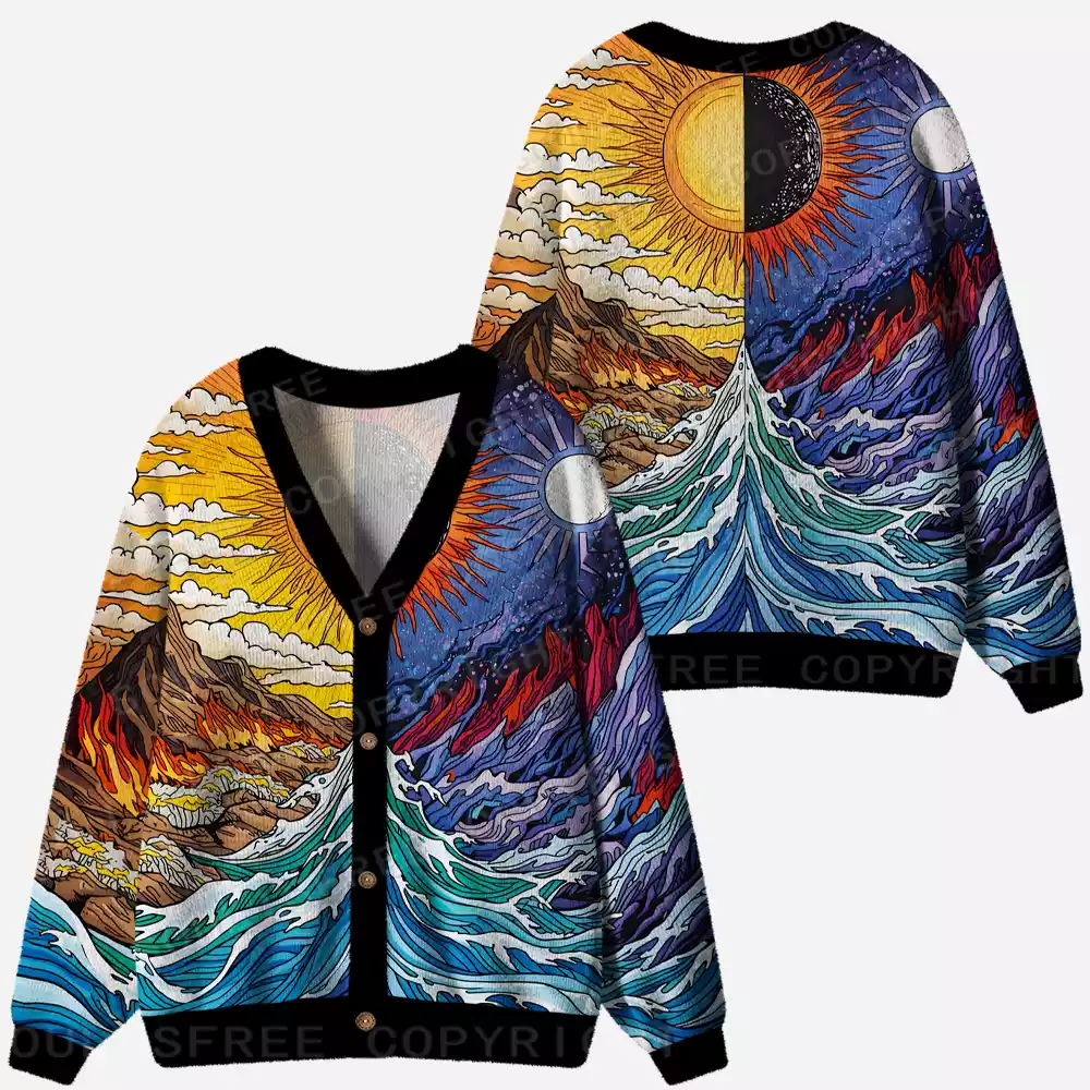 Sun & Moon Duality Waves Ugly Cardigan Sweaters 