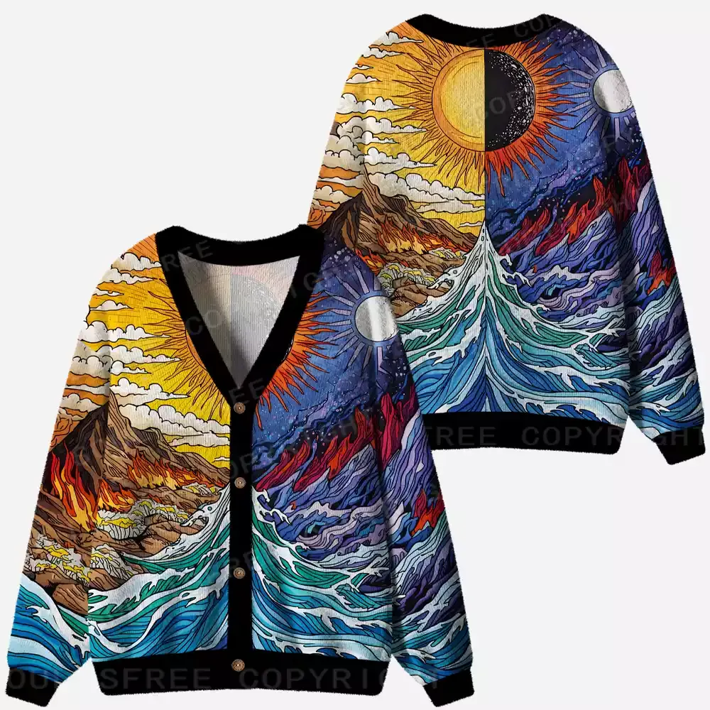 Sun & Moon Duality Waves Ugly Cardigan Sweaters 