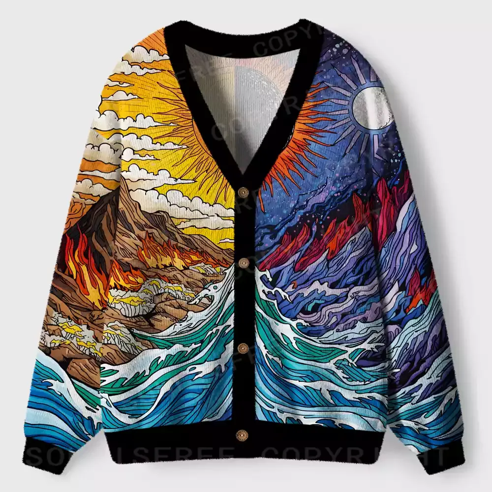 Sun & Moon Duality Waves Ugly Cardigan Sweaters