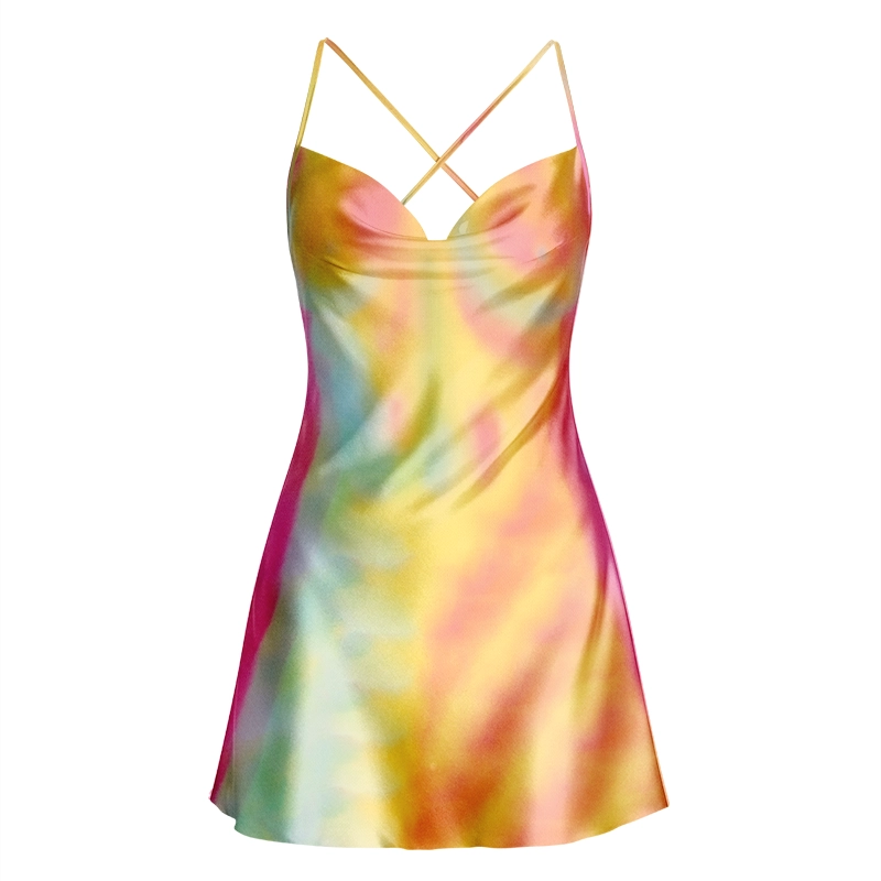Soulisfree Dreamy Iridescent Tie Dye Cowl Neck Satin Mini Dress