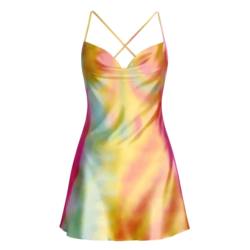 Soulisfree Dreamy Iridescent Tie Dye Cowl Neck Satin Mini Dress