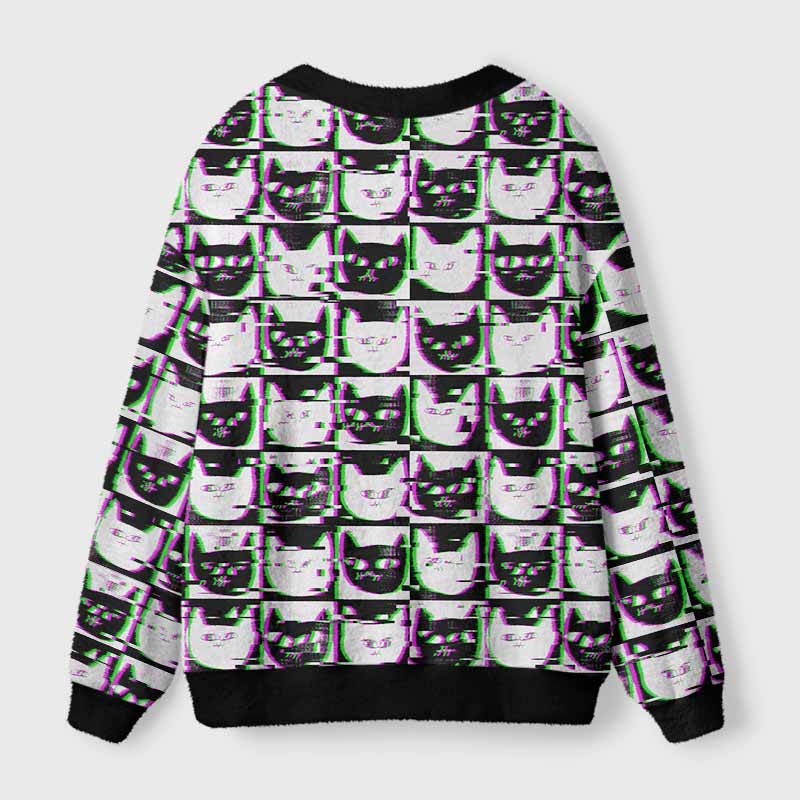 Soulisfree Neon Glitch Cat  Fuzzy Cardigan Sweater