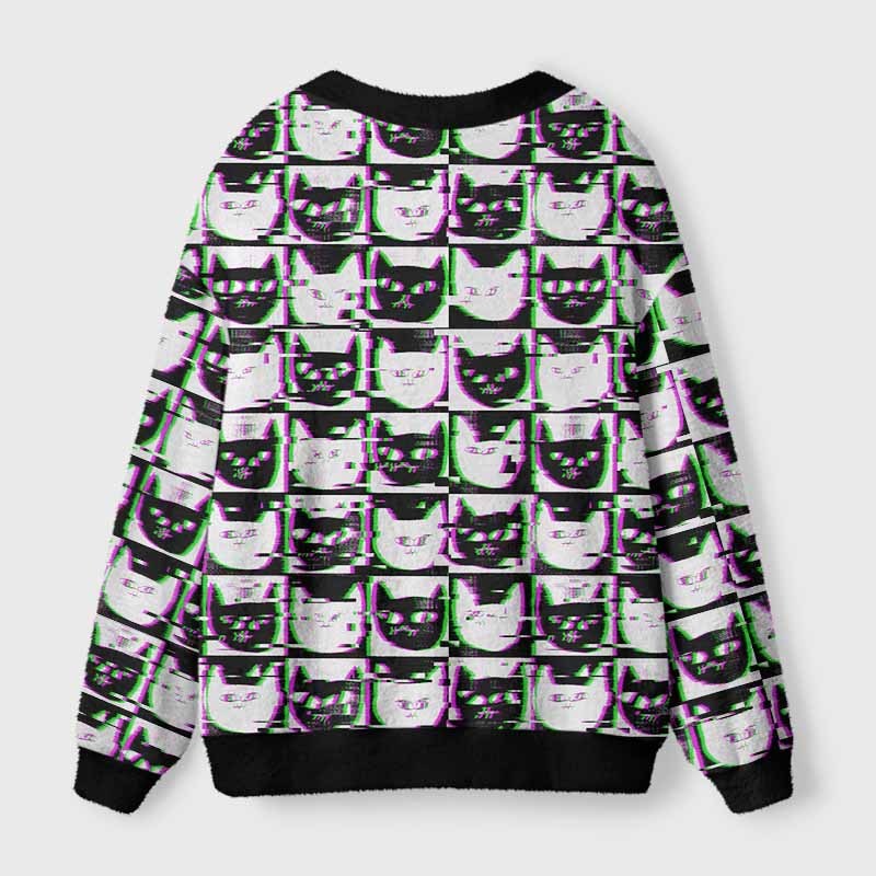 Soulisfree Neon Glitch Cat  Fuzzy Cardigan Sweater