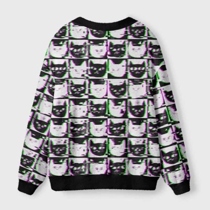 Soulisfree Neon Glitch Cat  Fuzzy Cardigan Sweater