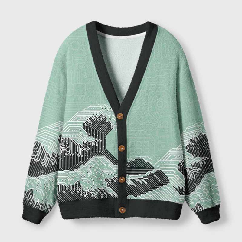 Soulisfree Circuit Board Waves Fuzzy Cardigan Sweater 