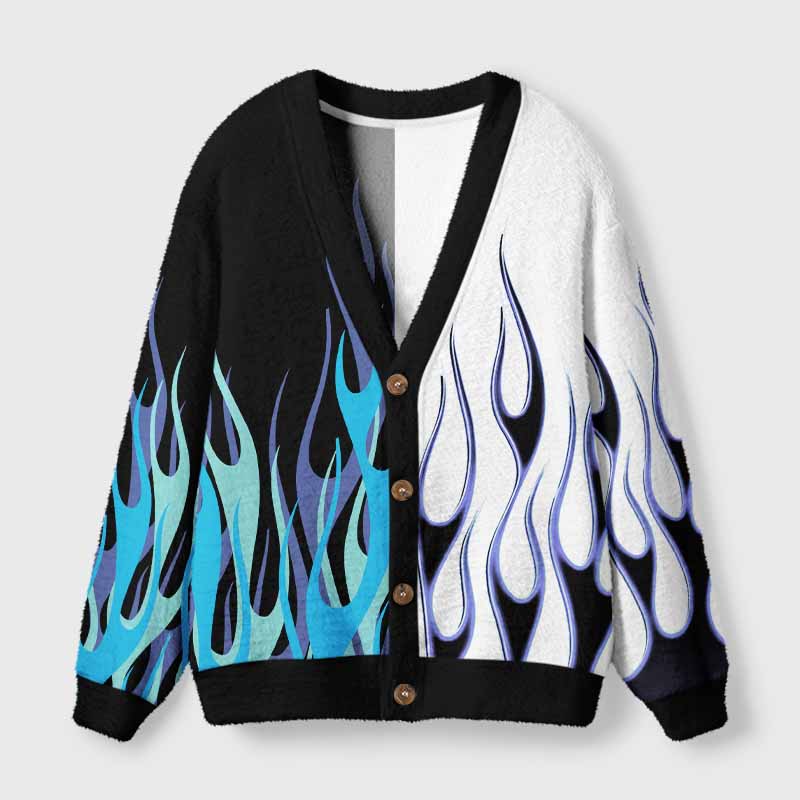 Soulisfree Blue Neon Fire Fuzzy Cardigan Sweater