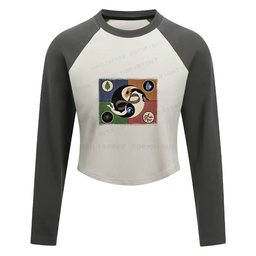 Designed Day Or Night Color Block Raglan Long Sleeve Crop Top