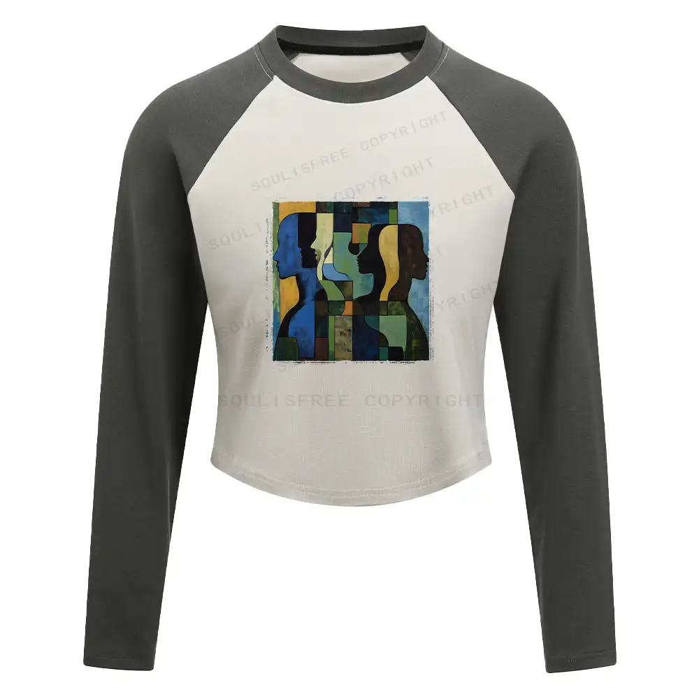 Great Thinker Washed Cropped Sweatshirt Block Raglan Long Sleeve Crop Top