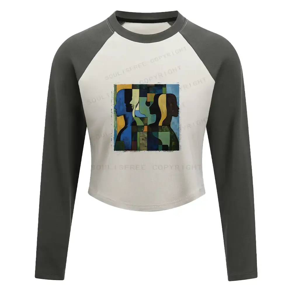 Designed Great Thinker Washed Cropped Sweatshirt Block Raglan Long Sleeve Crop Top