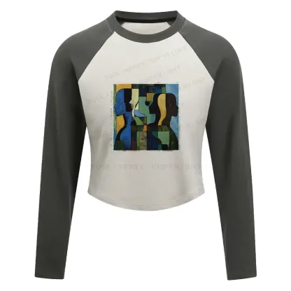 Great Thinker Washed Cropped Sweatshirt Block Raglan Long Sleeve Crop Top