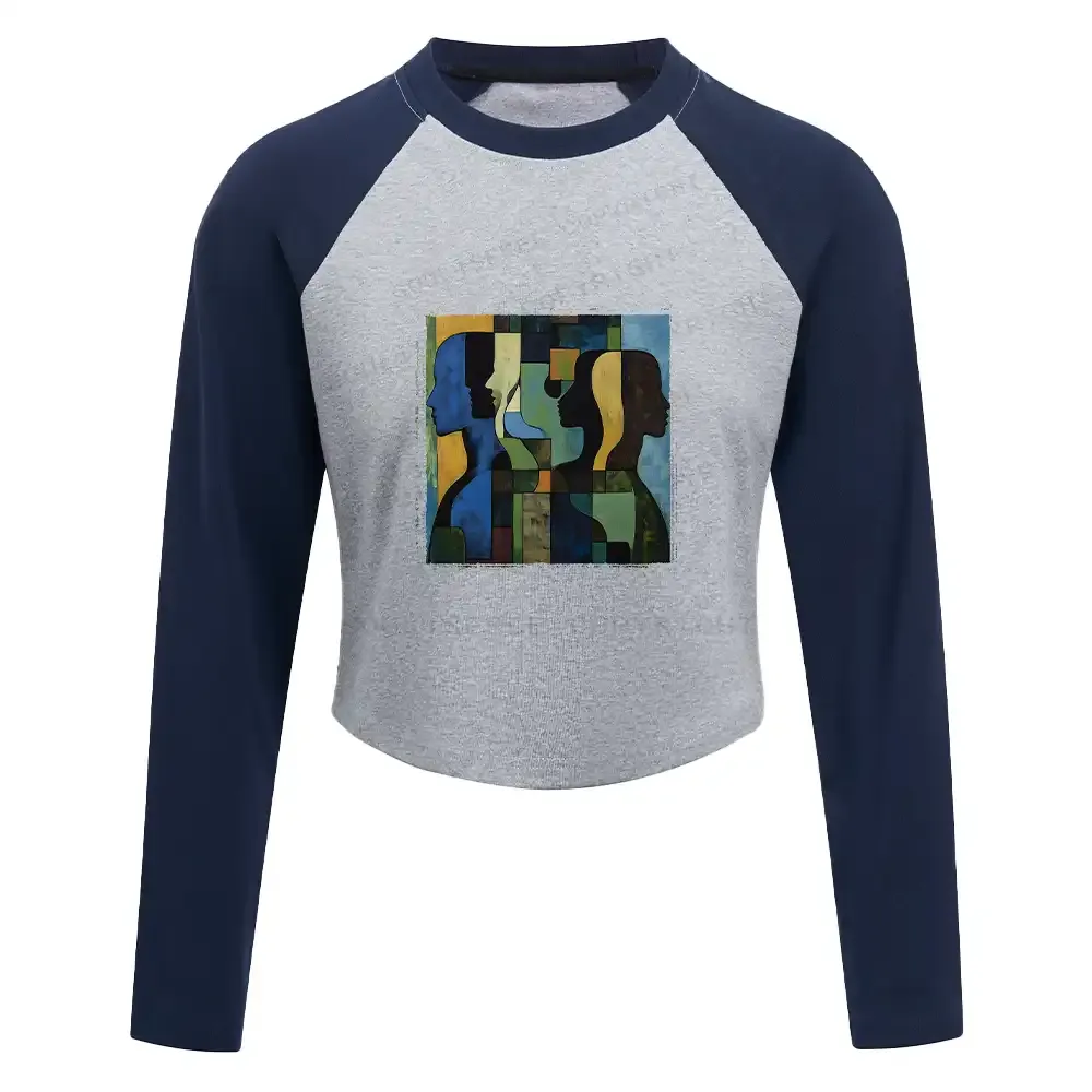 Great Thinker Washed Cropped Sweatshirt Block Raglan Long Sleeve Crop Top