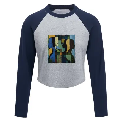 Great Thinker Washed Cropped Sweatshirt Block Raglan Long Sleeve Crop Top