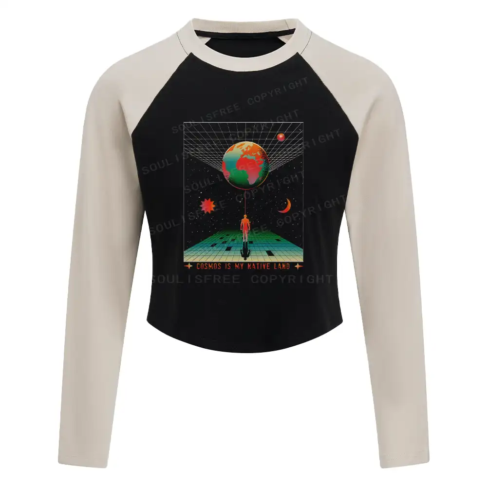 COSMOS IS MY NATIVE LAND Washed Space T-shirt Block Raglan Long Sleeve Crop Top