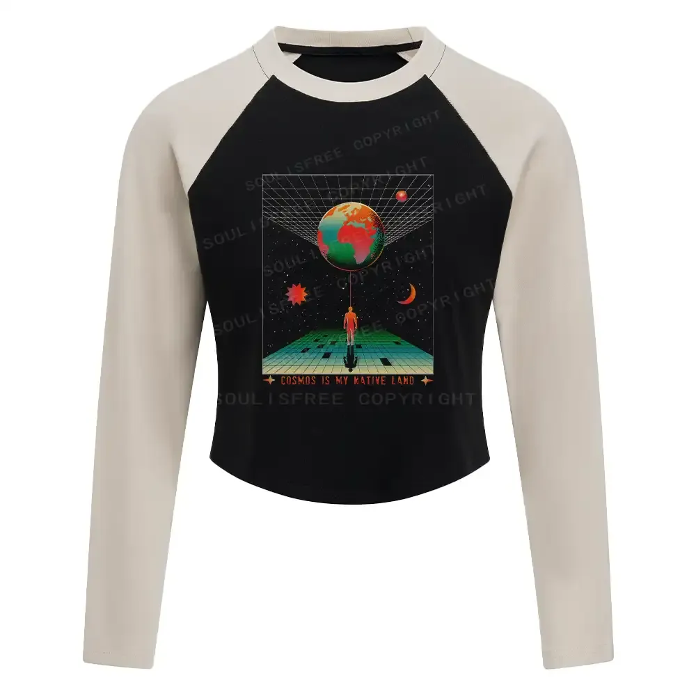 Designed COSMOS IS MY NATIVE LAND Washed Space T-shirt Block Raglan Long Sleeve Crop Top