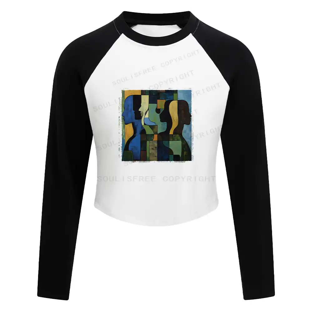 Great Thinker Washed Cropped Sweatshirt Block Raglan Long Sleeve Crop Top